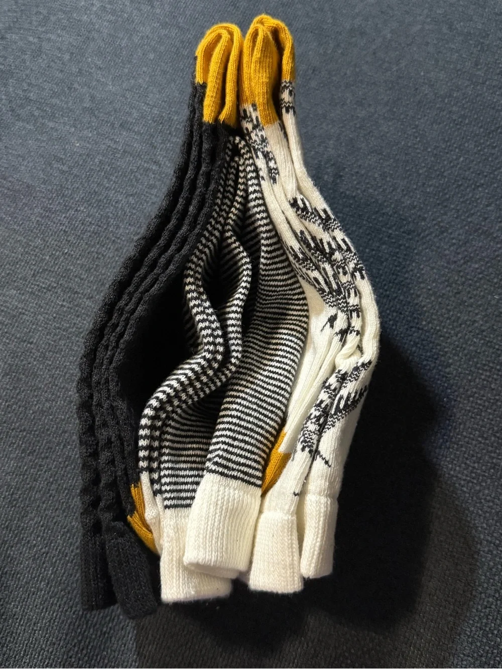 Muji Cream Crew Socks with Black Fern Motif and Mustard Accents
